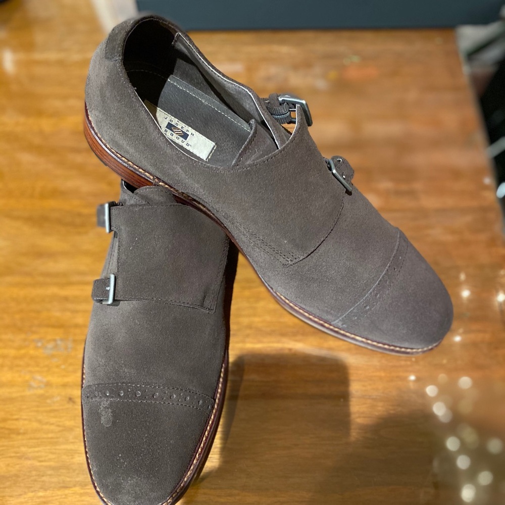 Brown suede double monk strap oxfords